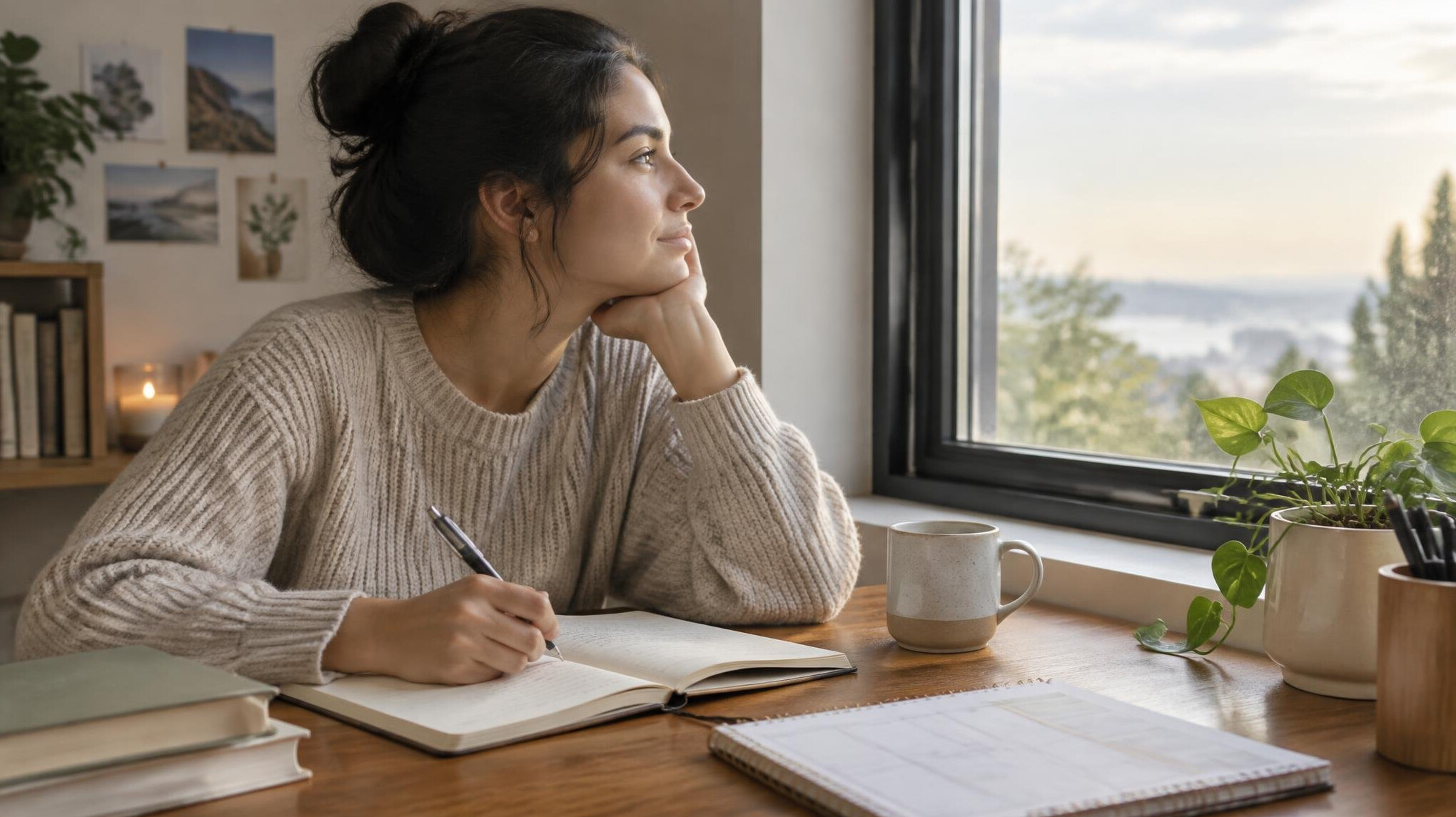 person writing in journal at desk