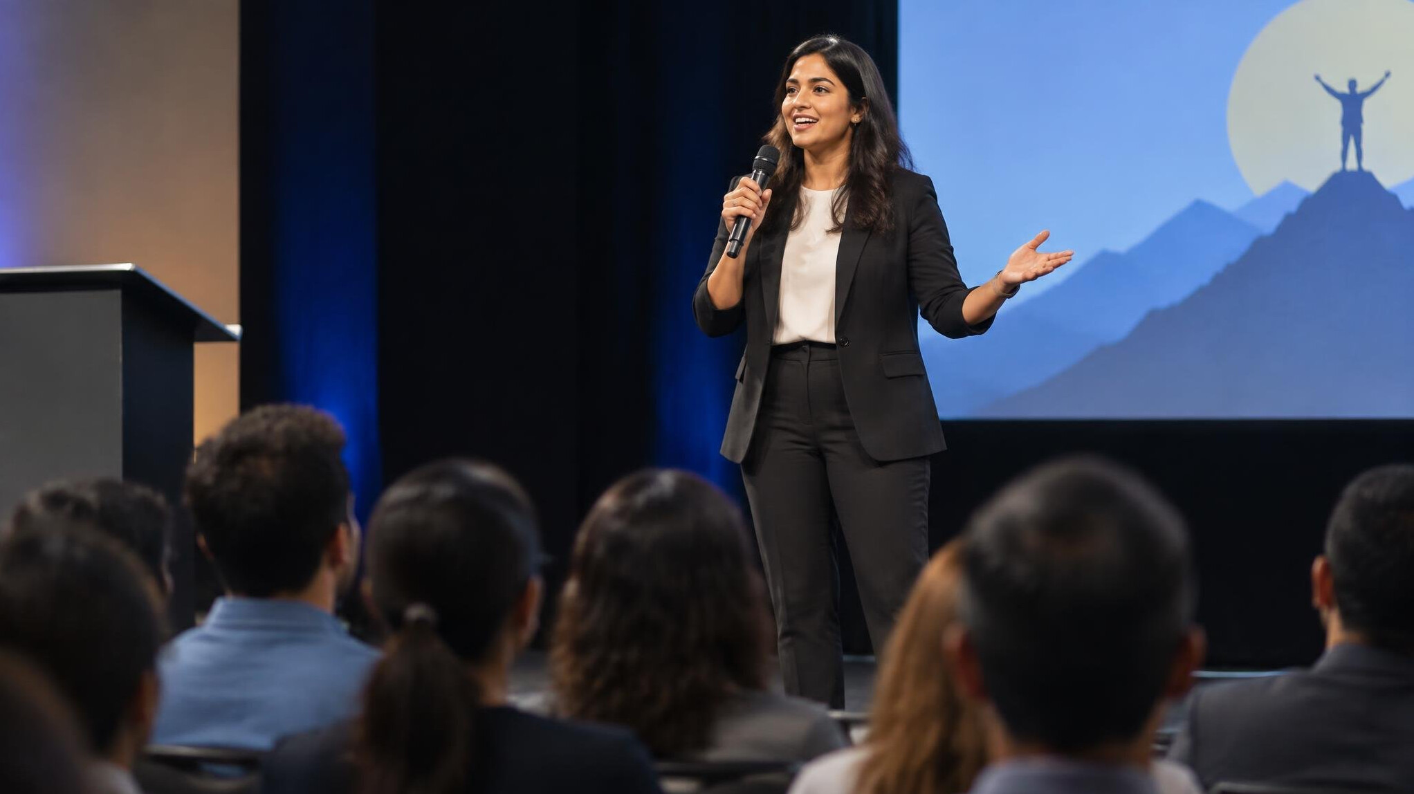 person speaking confidently on stage