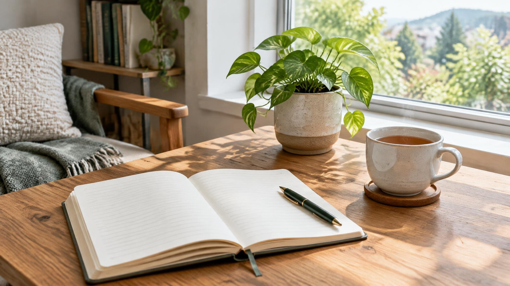 Bright and calm reading nook with a notebook and plant