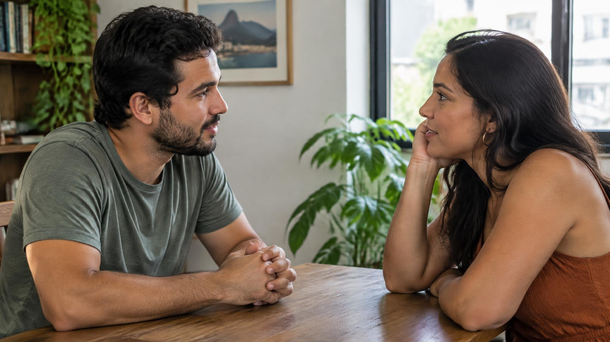 Two people engaged in a genuine face to face conversation