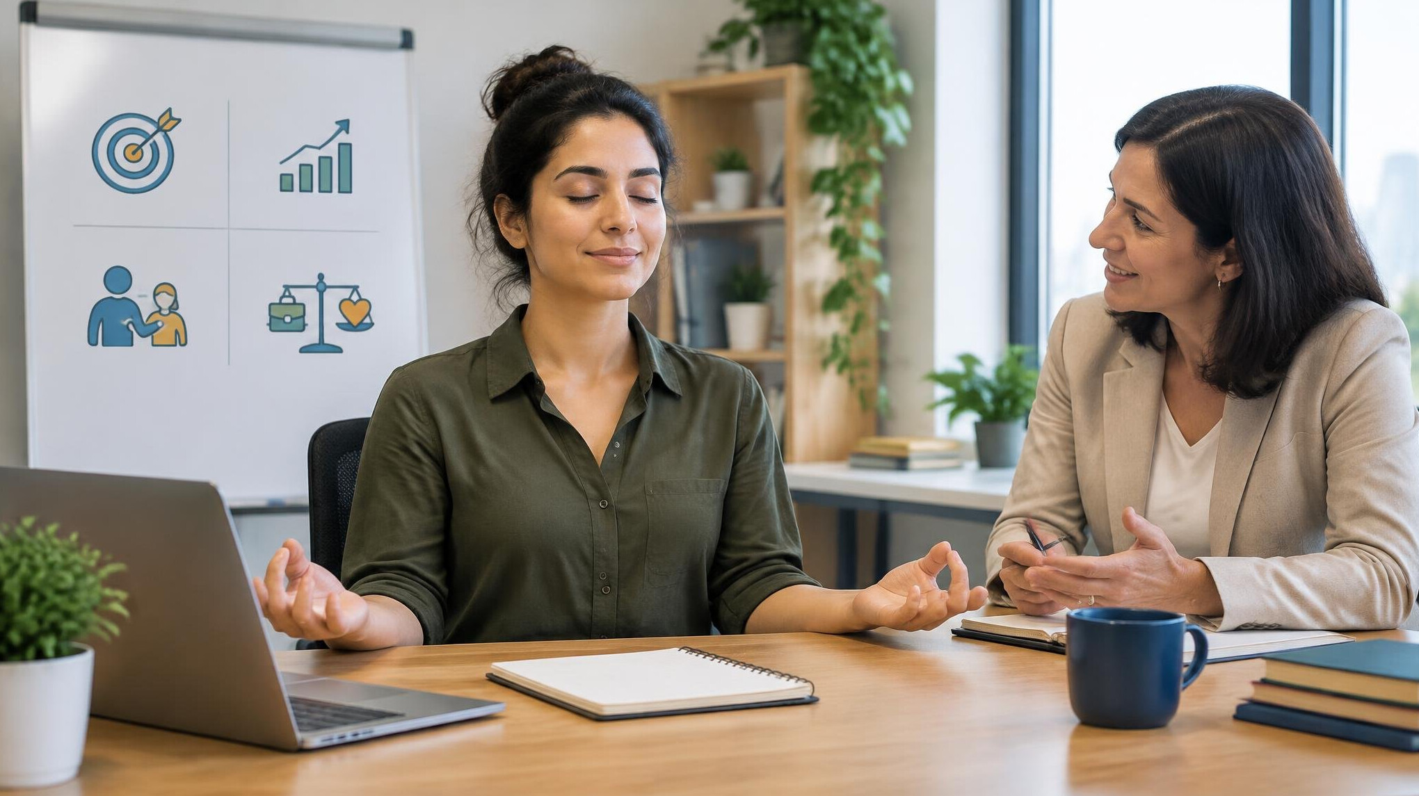 woman meditating at desk