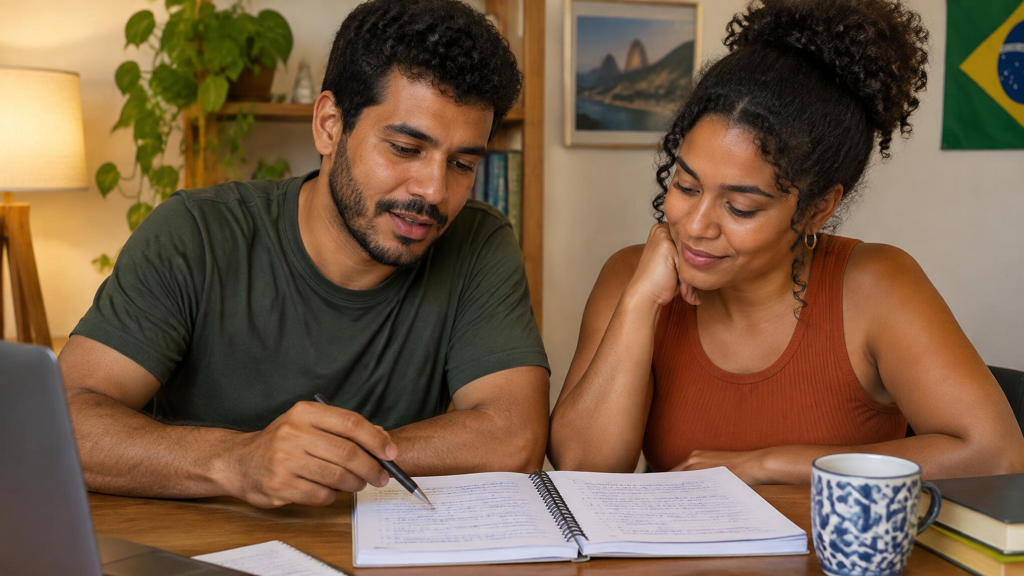 Two colleagues reviewing notes together at a table